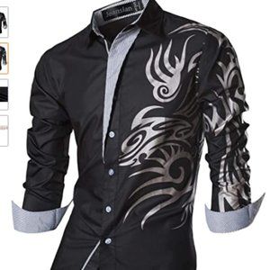 Shirt ~ Black & Gray ~ Dragon Design ~ Casual ~ 15 1/2"